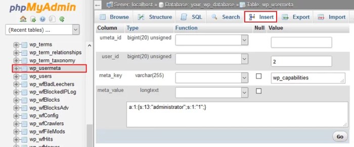 How to add an admin user to the wordpress database via mysql