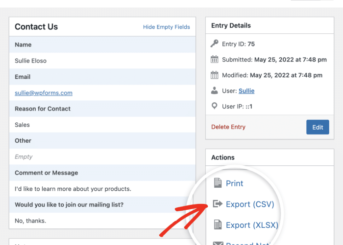 How to export wordpress form entries to csv and excel