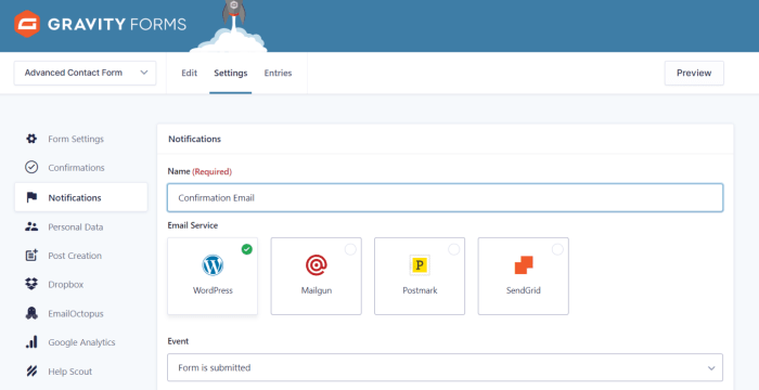 Gravity forms email and form settings