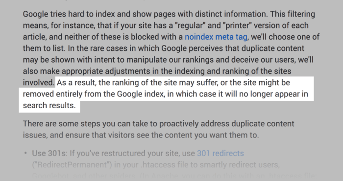 Google on percentage that represents duplicate content